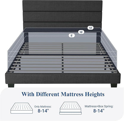 Allewie Full Size Platform Bed Frame with Fabric Upholstered Headboard and Wooden Slats Support, Fully Upholstered Mattress Foundation/No Box Spring Needed/Easy Assembly, Dark Grey