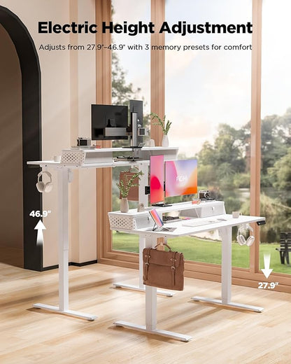 55x24 Inch Standing Desk with Double Drawers, C-Clamp Mount Compatible, Electric Adjustable Height Computer Stand Up Desks, Home Office Sit Stand Table with 3 Preset Heights & 2 Hooks, White