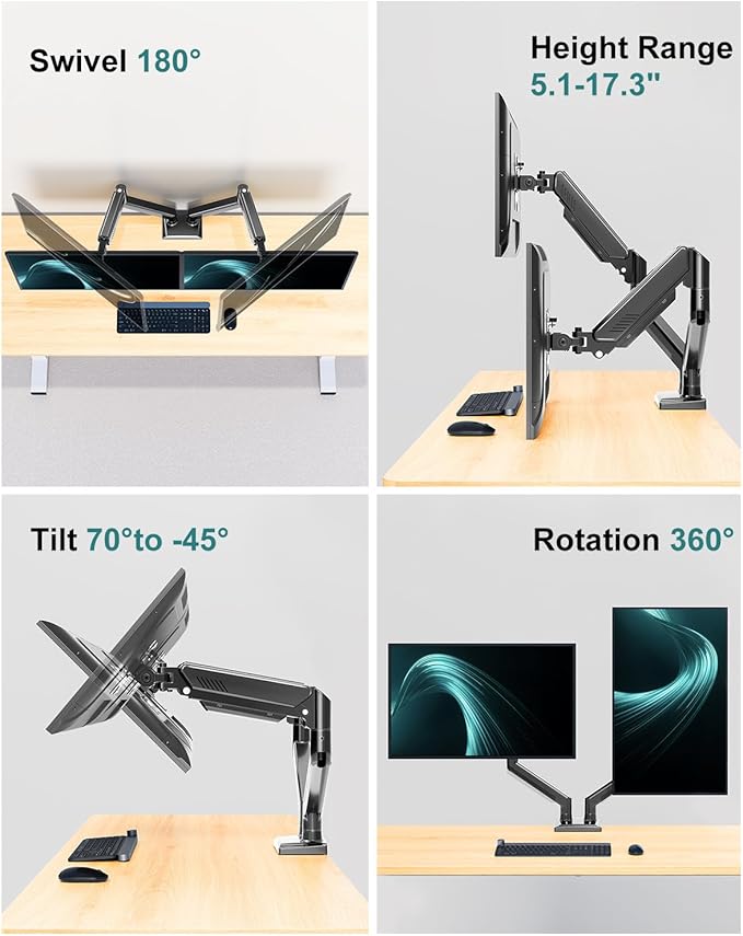 Dual Monitor Arm Desk Mount Fits 13 to 32 inch Computer Screens, Holds 4.4 to 22lbs Display VESA Mount, Adjustable Double Monitor Stand with Clamp/Grommet Base, 75/100mm Bracket, Black, Freelift