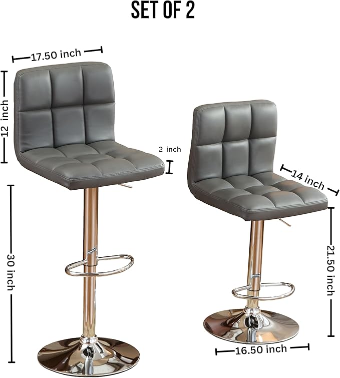 Roundhill Furniture Swivel Leather Adjustable Hydraulic Bar Stool, Set of 2, Gray