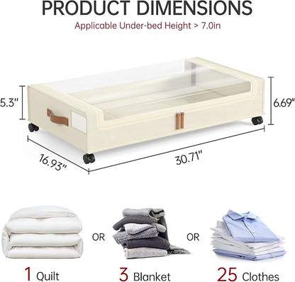 Yecaye Under Bed Storage with Wheels, 2 Pack Under Bed Storage Containers, 60L Underbed Shoe Storage with Clear Window & Label, Rolling Under Bed Metal Drawer for Clothes, Shoes, Books, Blankets