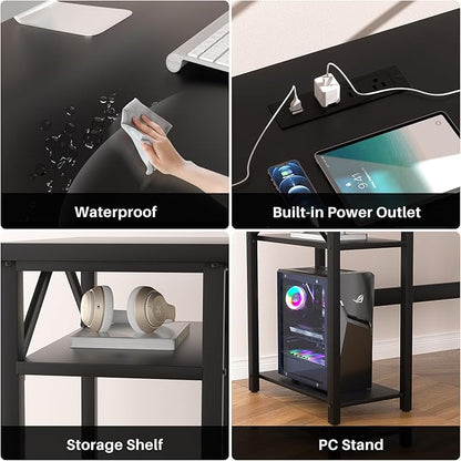 Reversible L Shaped Computer Desk with Magic Power Outlet, Sturdy Office Corner Desk, L Shape Gaming Table with Storage Shelf, Black