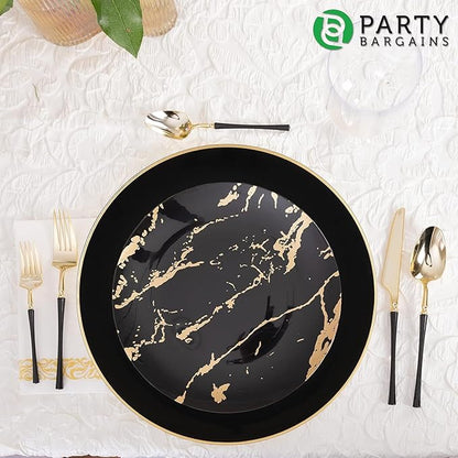 PARTY BARGAINS 13-Inch Charger Plates - 4 Pack, Organic Collection Black Gold Rim, Heavy-Duty Disposable Chargers for Elegant Dining - Ideal for Weddings and Formal Events