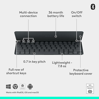 Logitech Keys-to-GO 2 Portable Wireless Keyboard with Built-in Cover, Slim and Compact Bluetooth Keyboard for iPad, iPhone, Mac, and Apple TV, Easily Switch with Devices - Graphite