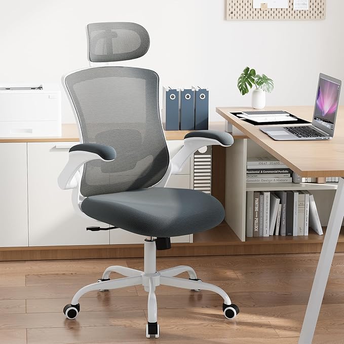 High Back Office Chair with Adjustable Lumbar Support & Headrest, Ergonomic Mesh Desk Chair with Flip-Up Armrests, Breathable & Comfortable Computer Chair for Home, Office & Study, Grey