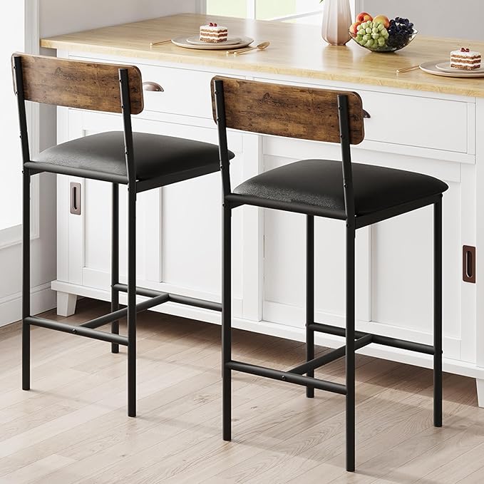 GarveeHome Bar Stools Set of 2, Upholstered Height Bar Stools with Backrest and Footrest, Kitchen Barstools for Island,Counter Bar, Easy Assembly, Rustic Brown