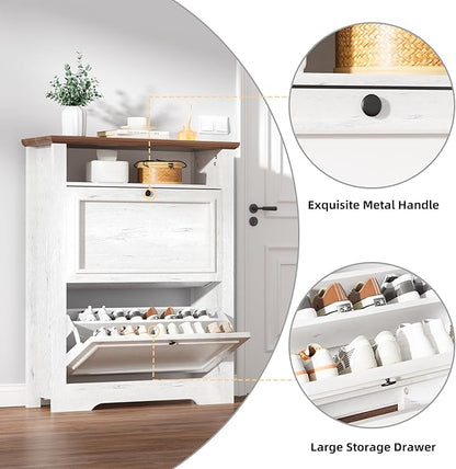 39" Farmhouse Shoe Storage Cabinet with 2 Flip Drawers and Adjustable Entryway Shelves, Hidden Shoe Organizer, White Walnut
