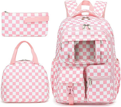 Girls School Backpack Set - Teens Kids School Bag Bookbag with Lunch Box Pencil Case for Elementary Middle School (Checkered Pink)