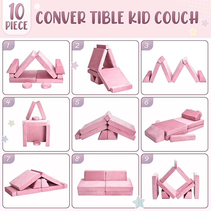 10Pcs Kids Play Couch,Toddler Sofa,Modular Kids Couch for Playing, Creativing, Sleeping (Pink)