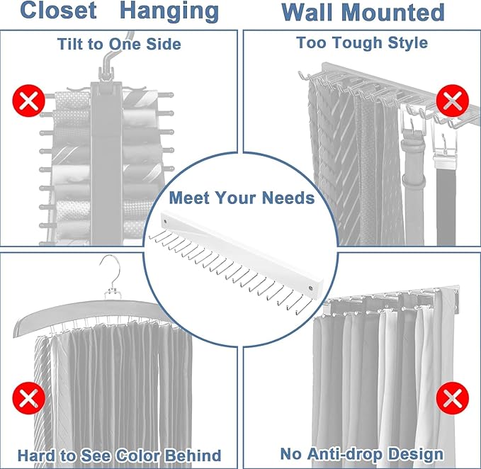 Tie Rack Wall Mounted, Belt Rack Tie Organizer for Men with 20 Storage Hooks, Non Slip 180 Degree Rotating Tie Holder Belt Hanger for Closet/Wall Mount