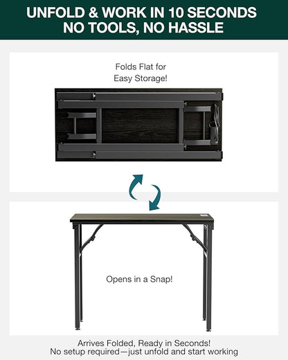Frylr Small Folding Computer Desk – 35.8 Inch Portable Table for Craft and Study, Lightweight Desk for Small Spaces, Foldable Laptop Table Built-in AC/USB Outlets for Convenience, Dark Oak