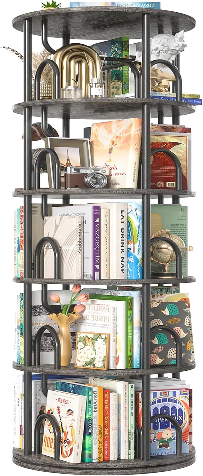 Aheaplus 5 Tier Rotating Bookshelf Tower, 360 Display Spinning Bookcase, Revolving Round Book Shelf Narrow Swivel Bookshelf, Vertical Turning Corner Book Organizer for Small Space, Black Oak