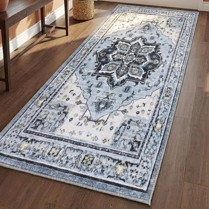 Muddy Mat짰 Azure 2ft x 10ft Washable Area Rugs for Living Room, Bedroom & Dining Room ??Modern Soft Low Pile Non Slip Carpet ??Pet Friendly Waterproof Foldable Rugs for Home
