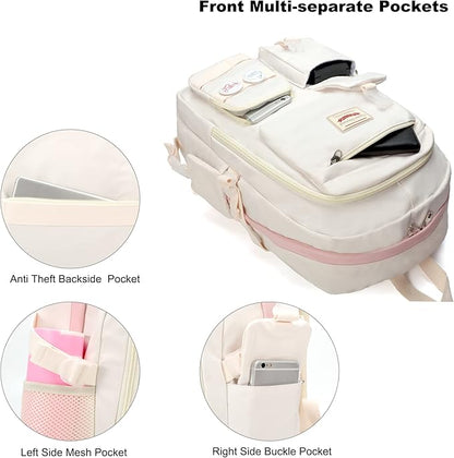 School Backpack for Teen Girls Women College Laptop Backpacks Kids Cute Bookbag Set with Lunch Box Pencil Case Elementary Middle High Campus Bag 3 Pcs Students Bookbags Sets Travel Daypack-Beige