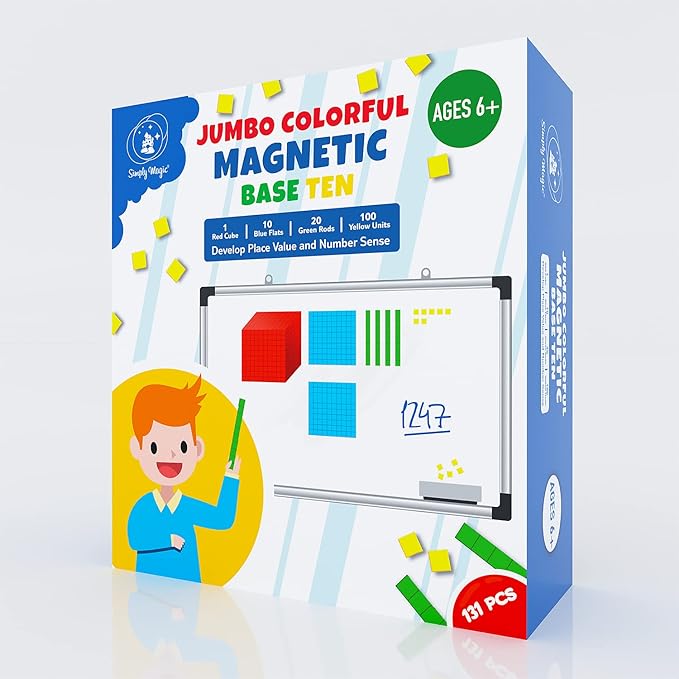 Simply magic 131 PCS Jumbo Magnetic Base Ten Blocks for Math, Place Value Blocks, Magnetic Base 10 Blocks Set for Teachers, Math Blocks for Counting, Counting Blocks, Magnetic Math Manipulatives K-3