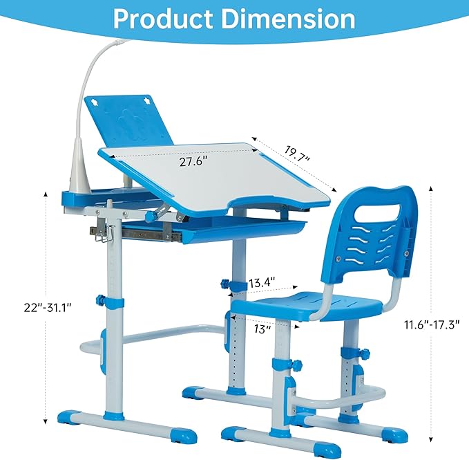 Real Relax Kids Desk and Chair Set, Children's Multifunctional School Tables with Tilt Desktop, LED Light, Metal Hook Blue