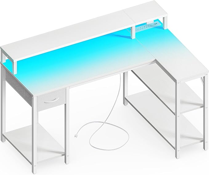 SUPERJARE 47 inch Reversible L Shaped Desk with LED Lights & Power Outlets, Computer Desk with Shelves & Monitor Stand, Gaming Desk with Drawer, Home Office Desk Corner Desk, PU White Drawer