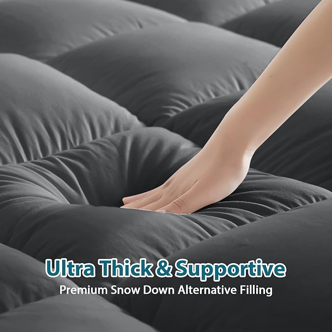 CYMULA Mattress Topper Short Queen Size - Extra Thick Cooling Mattress Pad Cover for Back Pain - Soft Mattress Protector Bed Topper Pillow Top with 8-21 Inch Deep Pocket 3D Snow Down Alternative Fill