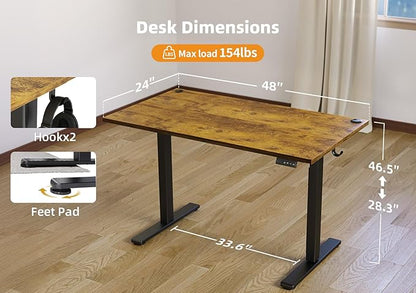Seang Standing Desk with Adjustable Height, 48x24 Inch Electric Stand Up Desk for Home Office, Studio, Computer Workstation, Rustic Brown Top