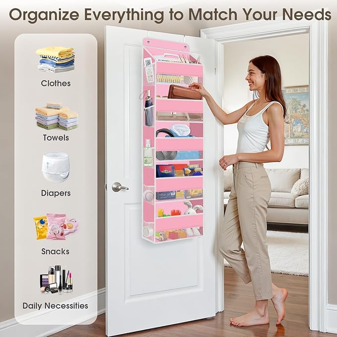 5-Tier Over The Door Organizer Hanging Storage Organizers with Clear Window 40lb Large Capacity Room Organizer for Pantry Bathroom Nursery Closet(Pink)