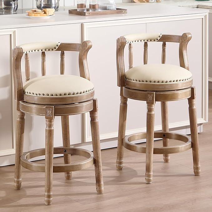 Cow top Leather Wooden Bar Stools, 360 Degree Swivel Bar Height Chair with Backs for Home Kitchen Counter, Morden Chair Barstools (Retro-Beige, Counter Height-Seat Height 26”)