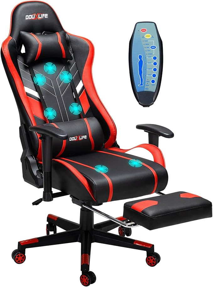 Massage Gaming Chair 7-Point, Office Chair with Footrest and Lumbar Support, Adjustable Seat Height Ergonomic, 175° Reclining Max, Red