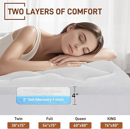4 Inch Pillow Top Memory Foam Mattress Topper Queen, Dual Layer 2 Inch Gel Memory Foam Plus 2 Inch Pillow Top Cover, White