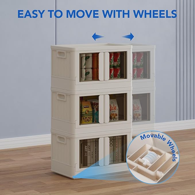 FLEXIMOUNTS 150 QT Stackable Storage Bins With Lids, Collapsible Plastic Storage Bins, Closet Organizers and Storage Containers with Doors and Built-in Wheels For Home, 4 Pack Cubes, Milky White