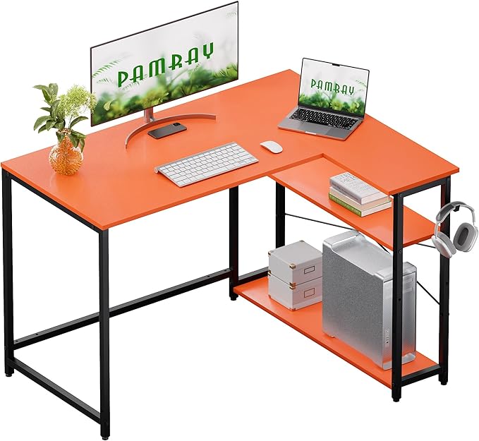 Pamray 43 Inch L Shaped Computer Desk with Reversible Side Storage Shelves, Small Corner Desk for Small Space Home Office,Writing Study PC Table for Bedroom,Orange
