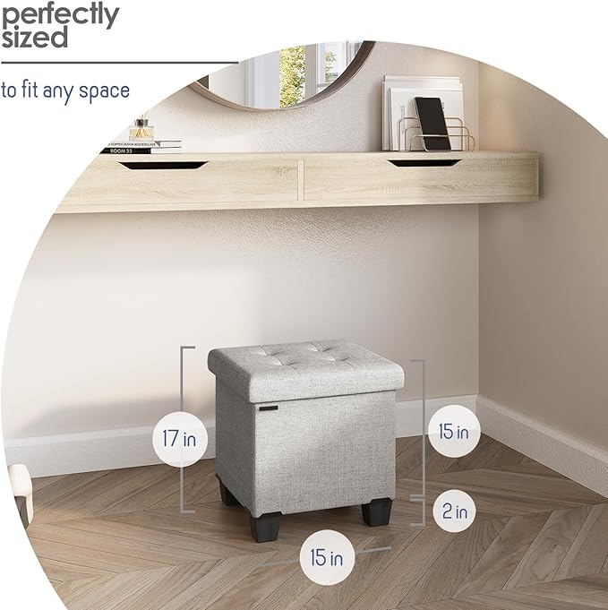 STORAGEBUD Storage Ottoman Cube with Small Bin, 16-in Square Ottoman with Storage for Living Room and Bedroom, Small Ottomans Foot Rest, Fabric Foot Stools Ottomans Max 330lbs, Light Grey