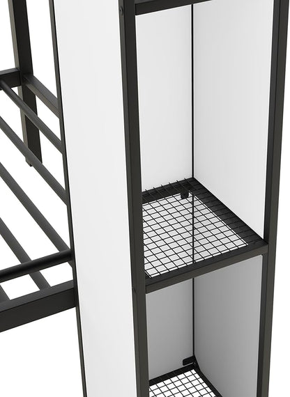 Twin Over Twin Castle-Shaped Bunk Bed with Wardrobe,Open Storage cabinets,a Storage Staircase and guardrails,Metal Stairway BunkBed for Kids Boys/Girls/Teens,Black+White