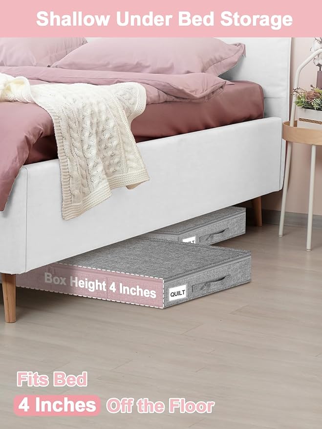 Low Profile Under Bed Storage Containers, 4" Tall Underbed Storage with Rigid Sidewalls & Bottom, Shallow Clothes Storage Organizer Bin with Lid for Couch Sofa Dorm, 2-Pack, 33.5 x 16 x 4 Inches Grey