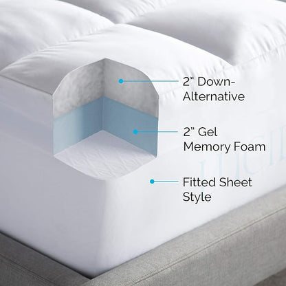 LUCID 4 Inch Down Alternative and Gel Memory Foam Mattress Topper - Three Toppers In One - Full , White