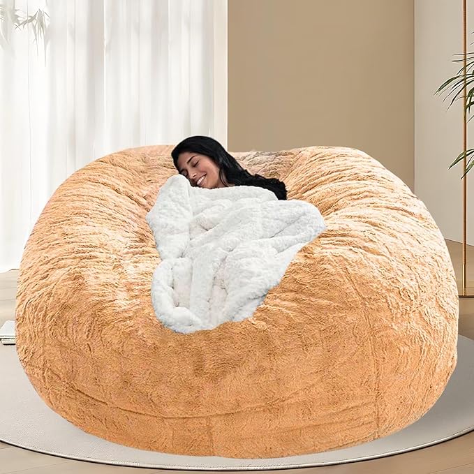 BCU 6FT Bean Bag Chair for Adults and Kids Without Filler Giant Stuffed Animal Storage Cover Soft Faux Fur Floor Chair Cover for Bedroom Living Room, Yellow