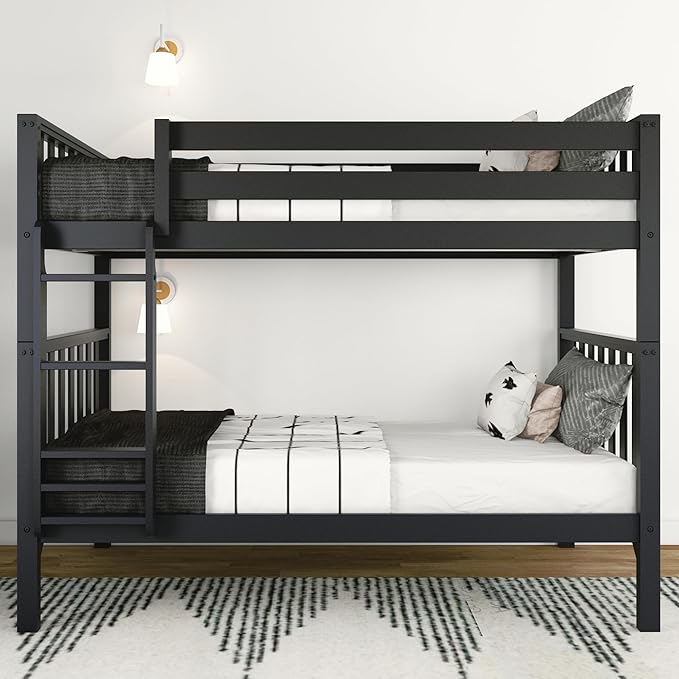 Max & Lily Bunk Bed, Scandinavian Modern Bunk Bed, Solid Wood Twin-Over-Twin Bed Frame for Kids, No Box Spring Needed, Black