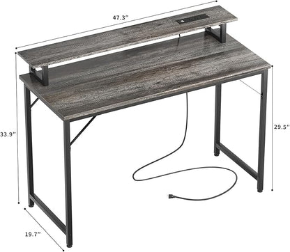 47 inch Computer Desk with Power Outlets, Gaming Desk with LED Lights, Home Office Work Desk with Monitor Shelf, Modern Office Desk Study Writing Table for Small Spaces, Black Oak