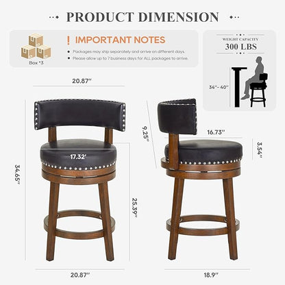 COLAMY Swivel Bar Stools Set of 3, Swivel Counter Height Barstools with Back, 25 Inch Modern Upholstered Bar Stools for Kitchen Island Dining Room Bar, Dark Brown