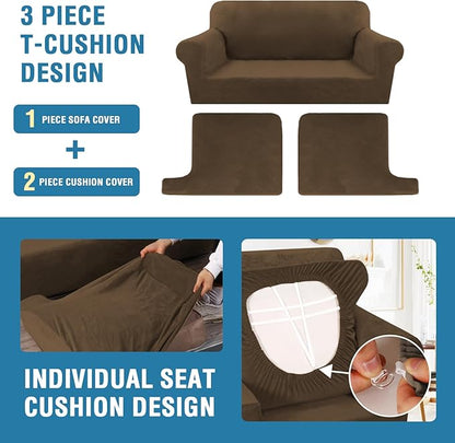 H.VERSAILTEX Sofa Cover 3 Piece T Cushion Sofa Slipcovers Thick Velvet Couch Cover Stretch T Cushion Sofa Covers for 2 Cushion Couch with 2 Individual T Cushion Covers, Bronze Brown