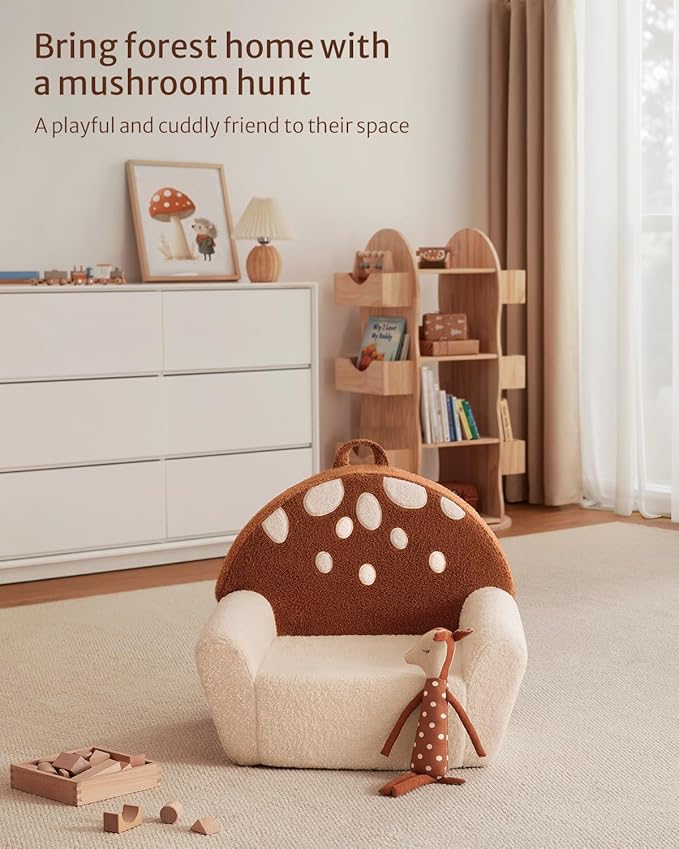 Blissful Diary Toddler Chair Comfy, Foam Kids Chair with Soft Teddy Plush, Toddler Reading Armchair with Cute Mushroom Designs- Brown