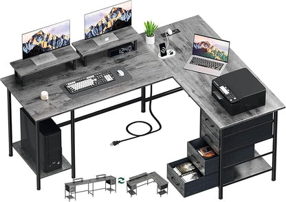 59 inch L Shaped Computer Desk with Power Outlets, Home Office Desk with 4 Adjustable Storage Drawers & 2 Monitor Stands, Two Person Gaming Table for Bedroom, Grey