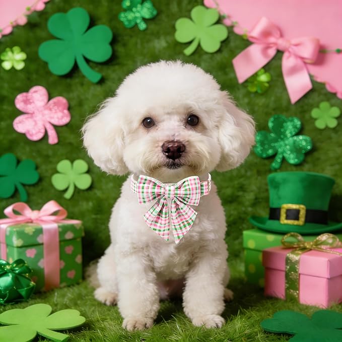 Maca Bates St. Patrick's Day Irish Plaid Dog Collar with Sailor Bow Tie,Cherry Pink Green Gingham Pattern for Large Girl Boy Dogs,Adjustable Durable Soft Collars Gift for Male Female Puppy