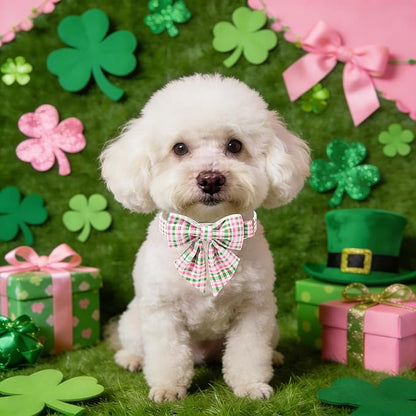 Maca Bates St. Patrick's Day Irish Plaid Dog Collar with Sailor Bow Tie,Cherry Pink Green Gingham Pattern for Large Girl Boy Dogs,Adjustable Durable Soft Collars Gift for Male Female Puppy
