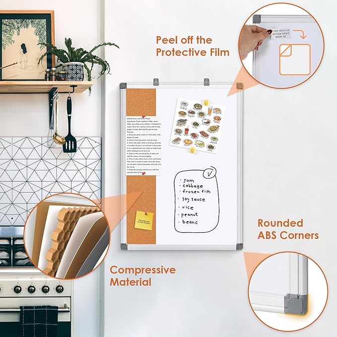 S SWANCROWN Magnetic Dry Erase and Cork Board Combo Hanging Whiteboard Notice Board for Wall Gift Home School Office, 36 x 24 Inches, with Maker/Pins/PenTray/Hooks