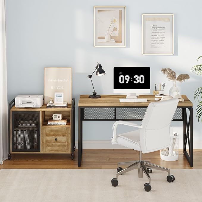 BON AUGURE Farmhouse Computer Desk, Modern Industrial Home Office Desks, Wood Metal Study Writing Table, Sturdy Gaming Desk (Vintage Oak, 54 Inch)