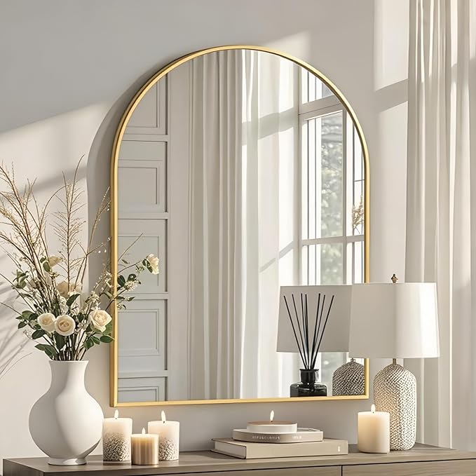 Arched Wall-Mounted Mirror, 20"x30" Arch Bathroom Mirror, Gold Vanity Mirror for Wall Décor, Wall Mirror with Metal Frame for Bedroom, Entryway, Living Room, Brushed Gold