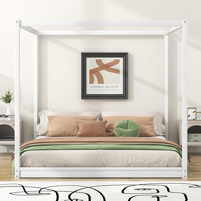 King Size Canopy Platform Bed with Support Legs,Solid Wood Bed Frame,4-Post Canopy-Platform-Bed for Kids Teens Adults, No Box Spring Needed,White