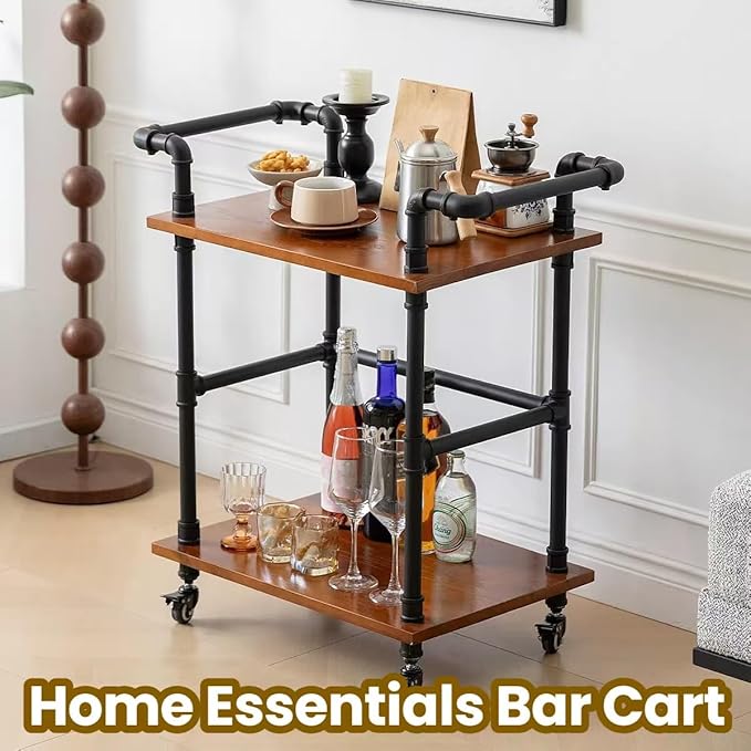 Industrial Pipe Bar Carts/Serving Carts/Kitchen Carts/Wine Rack Carts on Wheels with Shelves - Wood Rolling Carts - Wine Tea Liquor Shelves/Holder - Home Furniture (Two tiers pipe wood bar cart)
