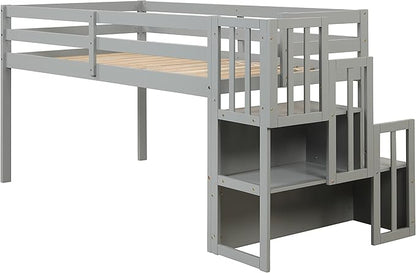 HomSof Loft Bed with Stairs and Storage,Gray