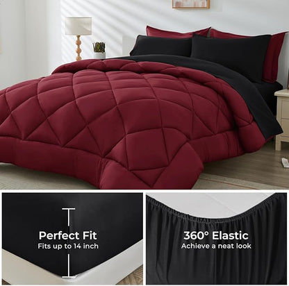HEVUMYI Red & Black King Comforter Set - 7-Piece All Season Bed in a Bag King, Ultra Soft Burgundy Bedding Set with Comforter, Flat Sheet, Fitted Sheet, Pillowcases, Pillow Shams, Burgundy Red & Black