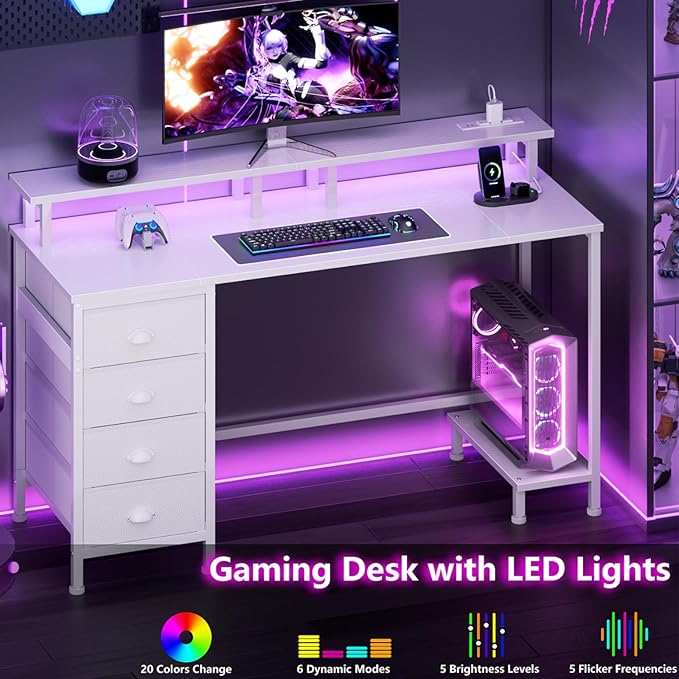 Furologee 55" White Computer Desk with 4 Fabric Drawers & Monitor Stand, Gaming Desk with Power Outlets - LED Lights, Home Office Space-Saving Study Table for Bedroom Small Spaces
